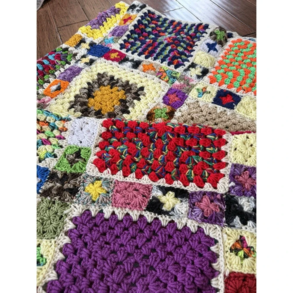 Vintage Multicolored Granny Square Afghan Throw Blanket 61 x 61.